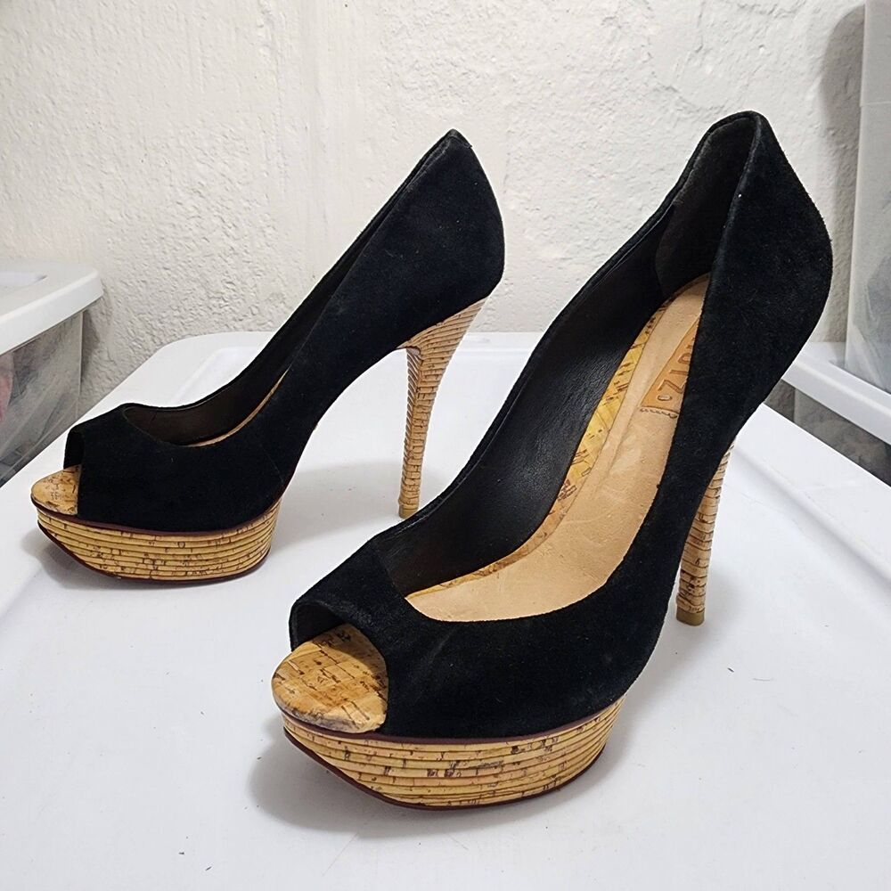 SCHUTZ Black Suede Peep Toe Platform Stiletto Heels Cork Bamboo Texture Pumps 9B